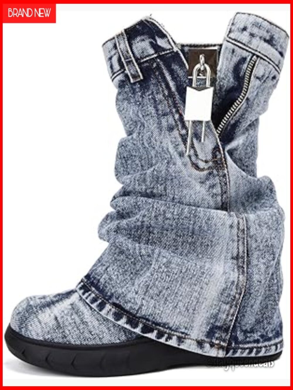 Denim Platform Booties with Side Zipper and Padlock, Chunky Heel
